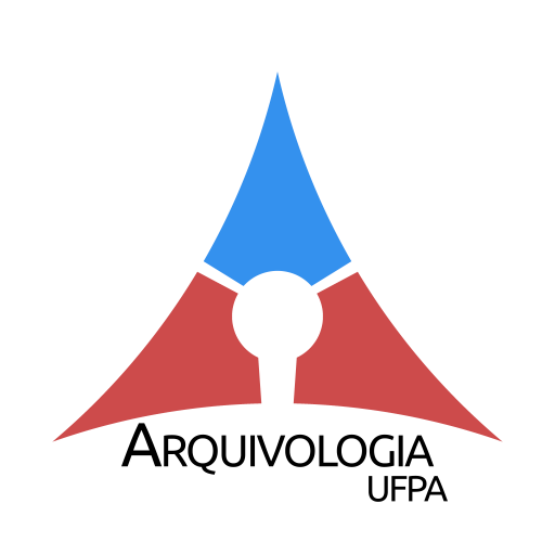 Logomarca do curso de Arquivologia da UFPA. Triângulo equilátero parte superior azul e parte inferior vermelho na base abaixo do triângulo escrito "Arquivologia UFPA"